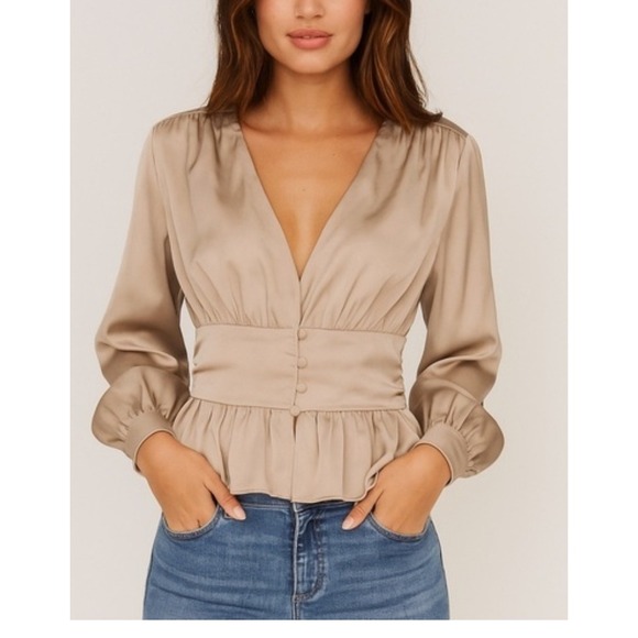 Jason Wu Women's Silver Satin Peplum Blouse Top Long Sleeve Button Down Size M - Picture 1 of 9
